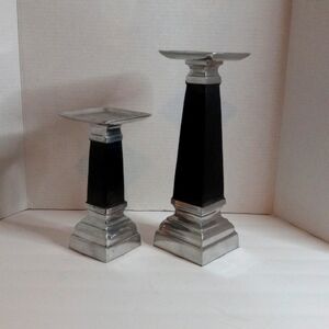Pair Of Black and Silver Metal Pier 1 Candleholders. 12" and 8.5".